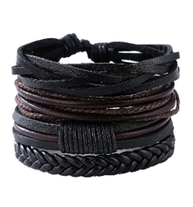 Bracelets - Ensemble de 4 - Cuir de qualité - Mixte - Noir