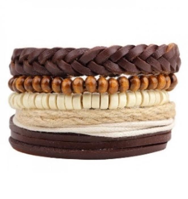 Bracelets - Ensemble de 4 - Cuir de qualité - Mixte - Marron