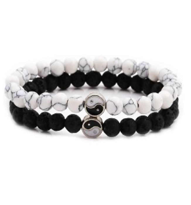 Bracelet - Ensemble de 2 bracelets Yin Yang - Pierre naturelle - Blanc/Noir - Mixte