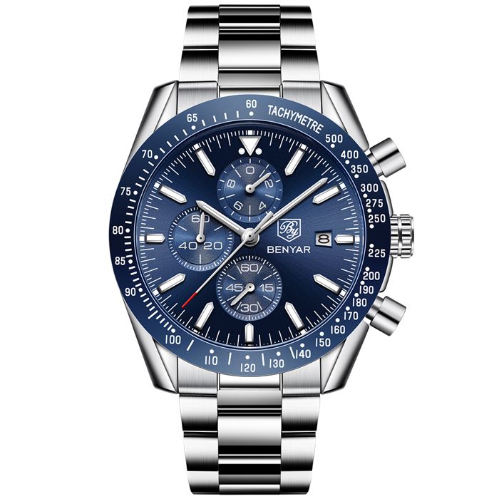 Benyar Montre Chronographe De Luxe En Acier 100% Originale à Quartz Pour Homme Avec 2 Ans De Garantie