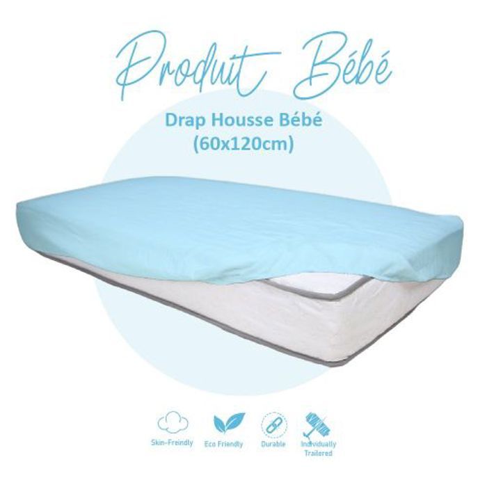 Drap‑housse bébé – 60x120 cm – Bleu glacier – Tissu doux & protection anti‑allergique