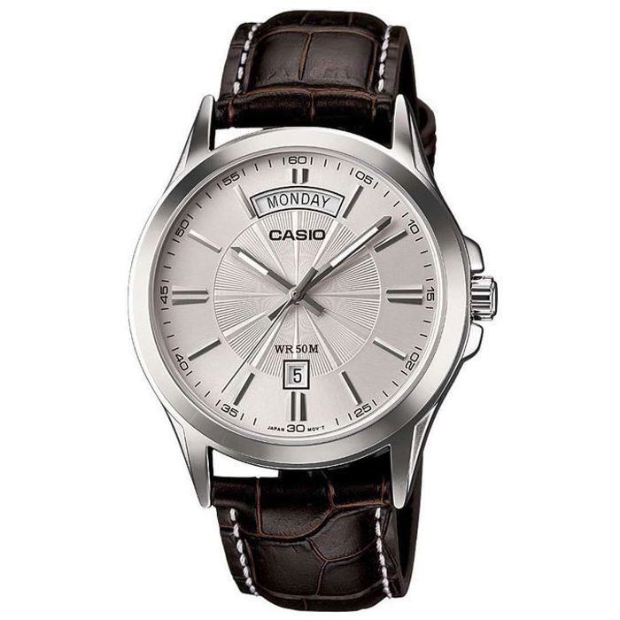Casio Homme cadran argente -Dateur jours/mois -Bracelet cuir marron -MTP-1381L-7AVDF