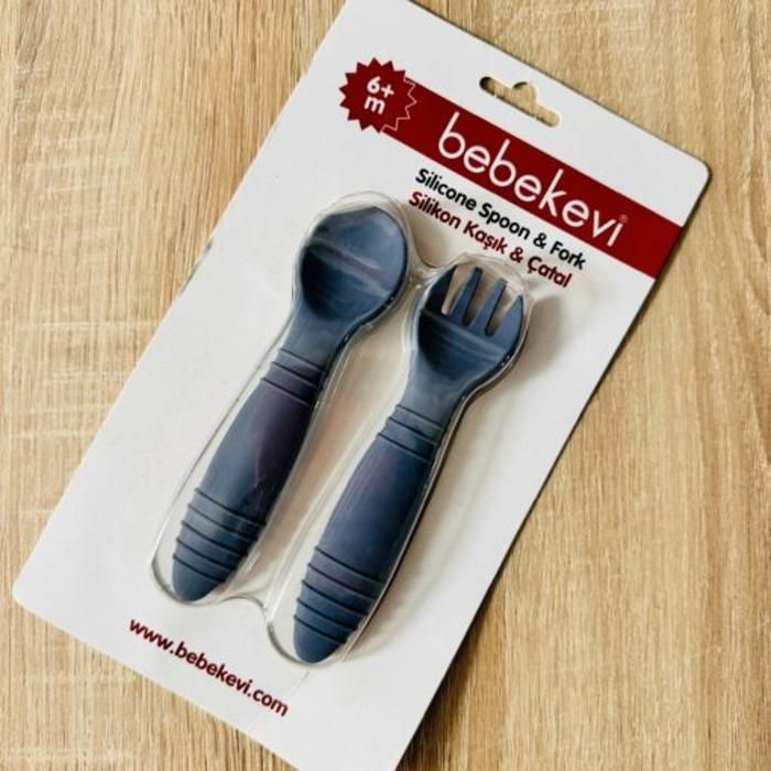 Cuillére + Fourchette d'apprentissage souple en silicone Bleu- Bebekevi