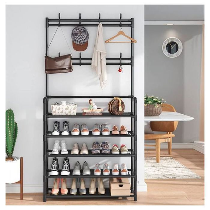 Porte-vêtements meuble d'entrée et étagère à chaussures en métal à 4 niveaux 153x28x60 CM