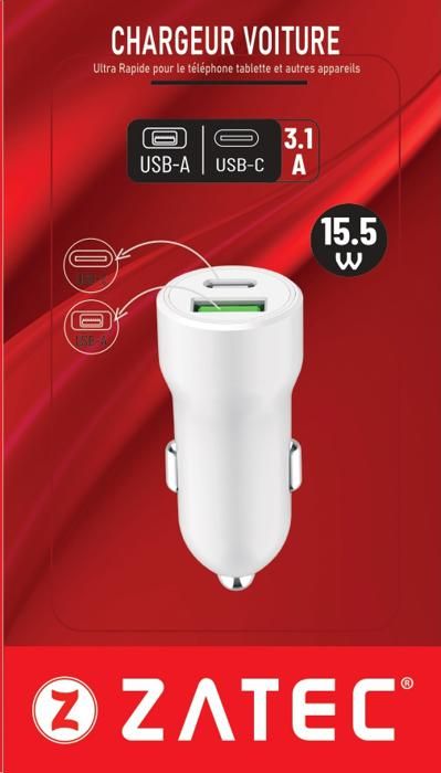 Chargeur auto 2,4A 15,5W 2 ports (A/C)