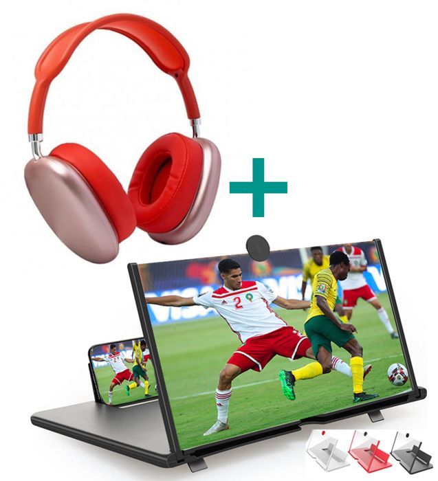PACK VIVA MOROCCO agrandissement 3D Loupe d'écran + CASQUE BLUETOOTH ROUGE pour regarder les matches de la CAN 2024
