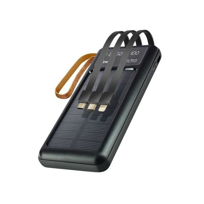 Power Bank 30000 mAh avec 4 Câbles Intégrés Charge Solaire 2 Lampes