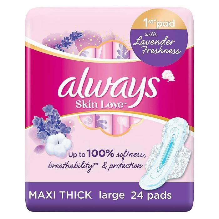 Always Serviettes Hygiéniques Maxi Epaisses Skin Love Lavande Long - 24 unités