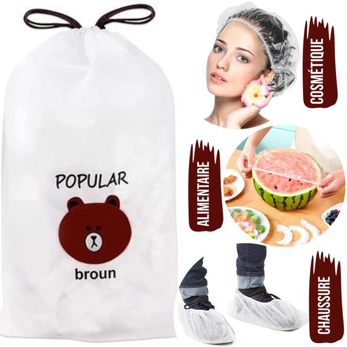 100PCS Bonnets de Douche Jetable en Plastique, Multi-Usage (Cuisine, Bain, Coloration, Couvre-Chaussures, Conservation des Aliments)