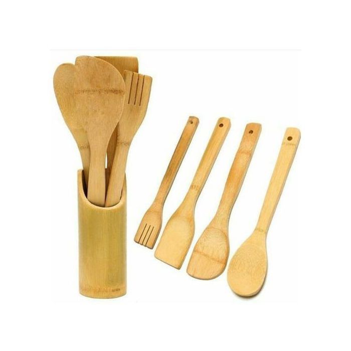 Set 4 Cuillères spatule de cuisson de repas à la maison en bois avec seau de rangement pour poêle antiadhésive, en Bois bambou