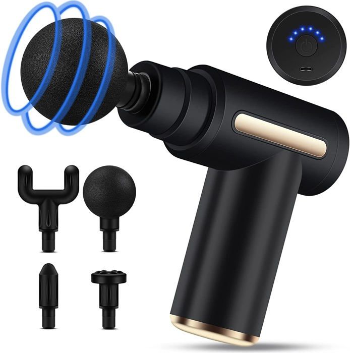 Mini Pistolet de Massage Musculaire avec 6 Vitesses Réglables et 4 Têtes, Port de Type-C