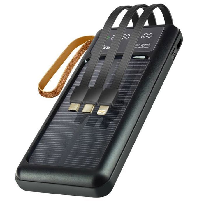 Power Bank 10000 mAh avec 4 Câbles Intégrés Charge Solaire 2 Lampes