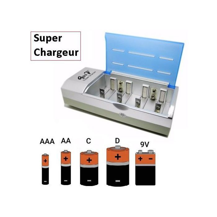 Goop Super Chargeur de Batteries 9v - AAA, AA, C, et D, Universal Charger de Piles Rechargeables