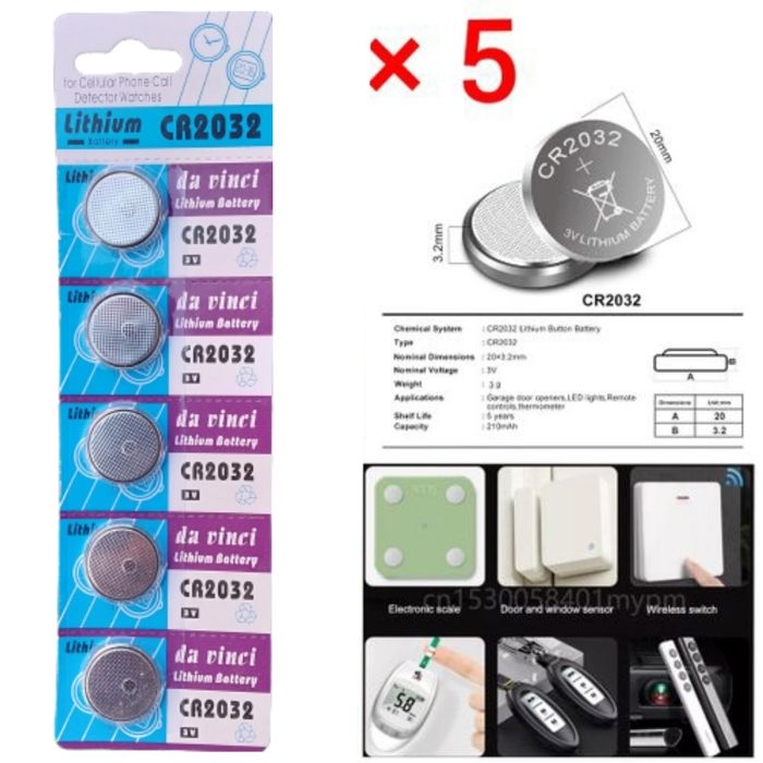 Pile bouton, Pack de 5 piles au lithium CR 2032. Certifié CE Piles de haute qualité pour télécommande voiture, glucomètre, montre...