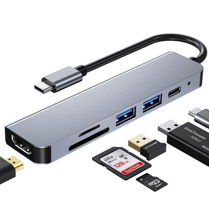 Hub USB C 6 en 1 de Type C, adaptateur HDMI 4K RJ45, Dongle, Port USB 3.0