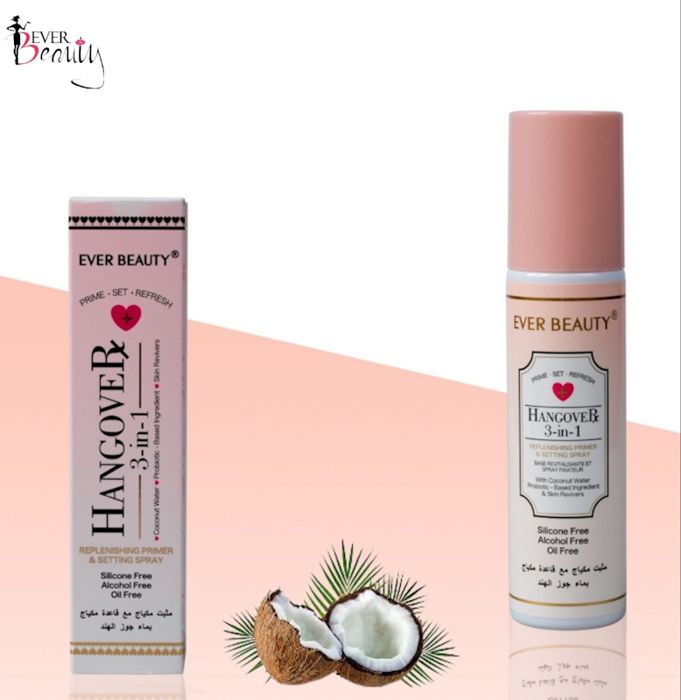 Fixateur de maquillage, Naturel en Vitamine E et eau de noix de coco, 3 en 1 Base de teint,Régénératrice,Spray fixateur HANGOVER.