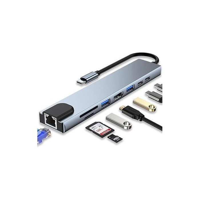 Adaptateur 8en1, Type-c vers 2 ports USB ,HDMI ,SD/TF Card PD , RJ45