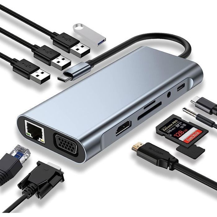 Hub USB C, adaptateur de hub 11 en 1 de type C avec HDMI 4K