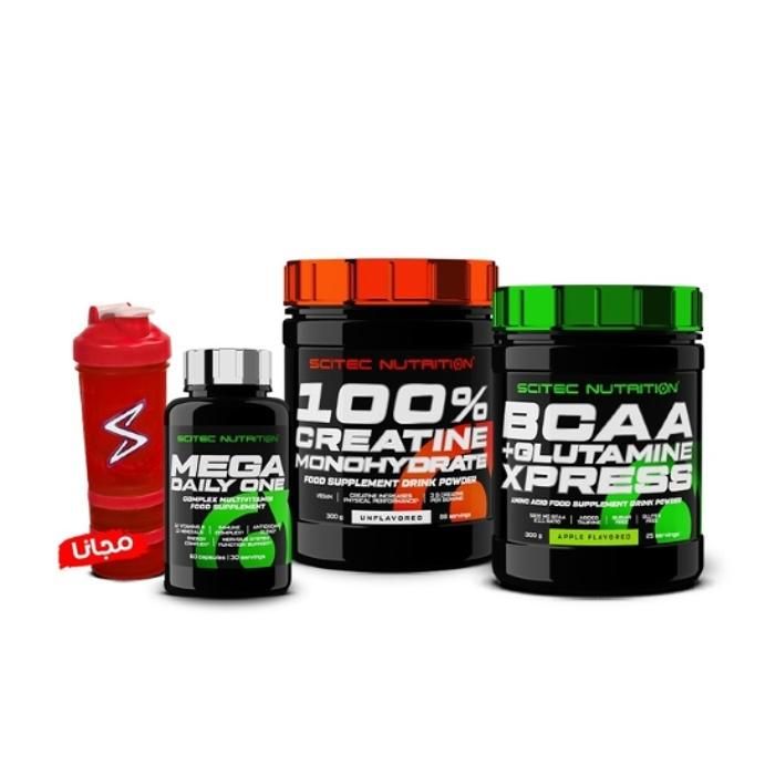 100% creatine monohydrate 300g + Bcaa+Glutamine xpress 300g + Mega Daily One Plus 60 Caps + Shaker + 2 compartiments 500 ml