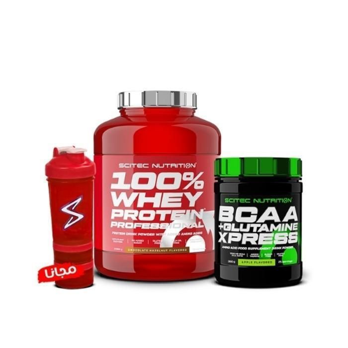 100% Whey Protein 2350g + Bcaa+Glutamine xpress 300g + Shaker + 2 compartiments 500 ml
