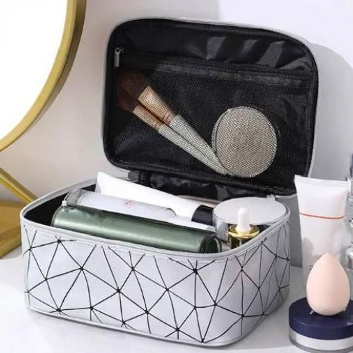 Trousse de maquillage à motif géométrique étanche Modernist en cuir PU carré