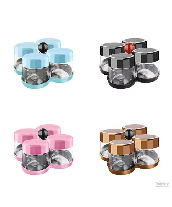 Set de 4 bocaux pour épices en verre +support (425ml)