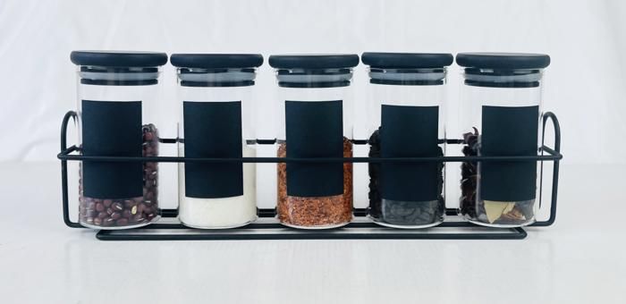 ENSEMBLE DE 5PCS DE BOCAUX EN VERRE AVEC COUV ET SUPPORT EN BAMBOU NOIR