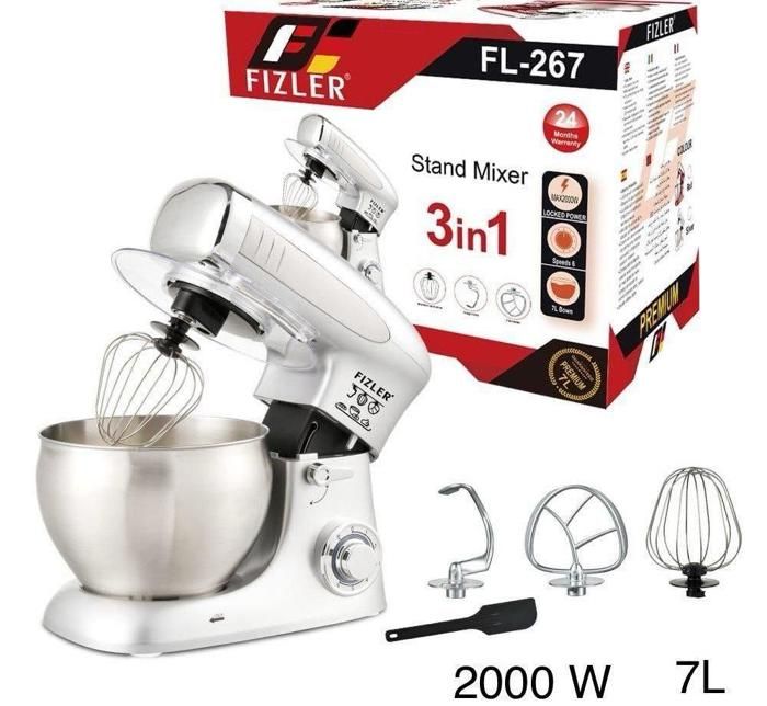 FIZLER 3 in 1 Mélangeur Robot pétrin multifonctions électrique 2000 watts, 6 vitesses ,capacité de Bol en inox 7L