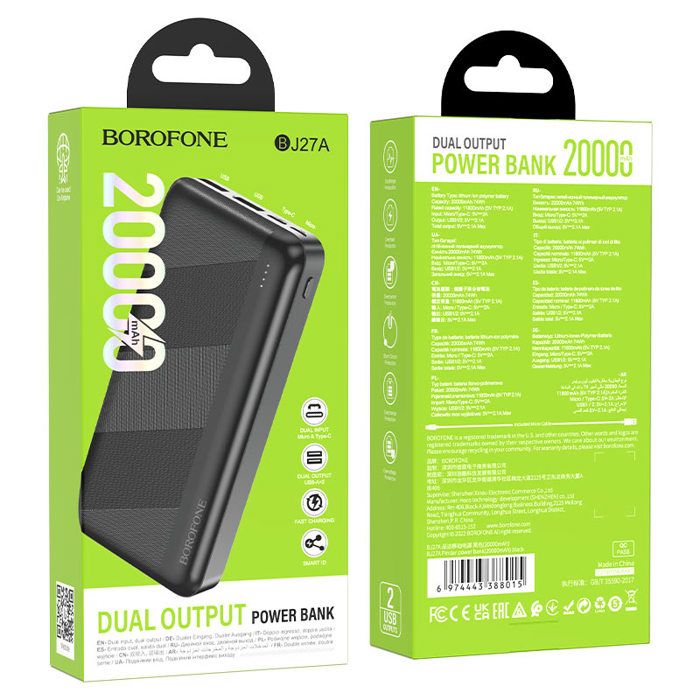 POWER BANK BOROFONE BJ27A Pindar 20000mAh, entrée USB-C + Micro-USB, double sortie USB 5V / 2.1A, indicateur LED.