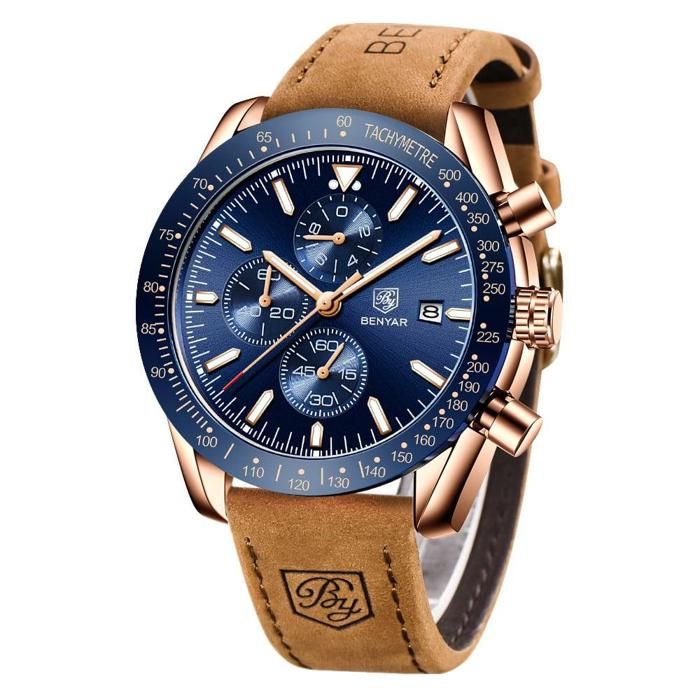 Benyar Montre Homme En Cuir 100% Originale à Quartz Avec 2 Ans De Garantie