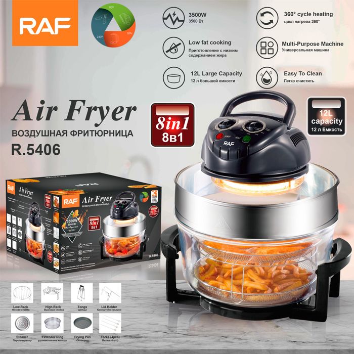 8en1 RAF Air Fryer Friteuse à air sans huile Électrique Avec Visuel Fenêtre 3500W 12L Multifonctionnel Grill, fours friture Poulet