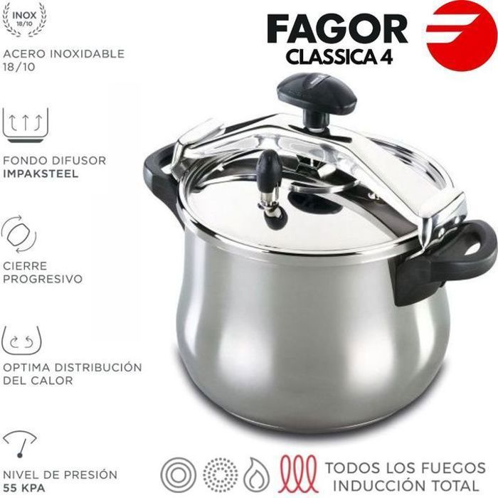 Cocotte minute 4 L, Tous feux, Induction, Acier Inox. 18/10, 3 Systèmes de Sécurité FAGOR Clásica 4 Bombée