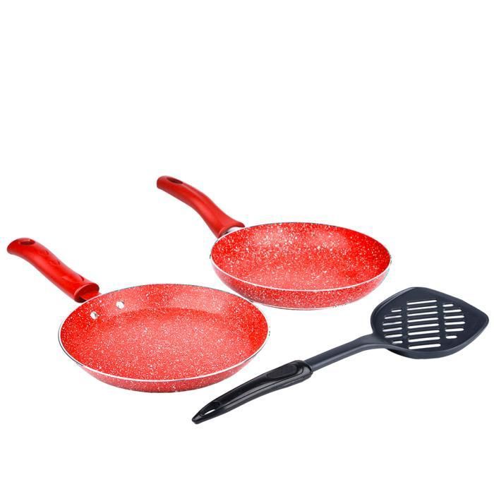 SET POELE+CREPIERE PAN20+SPATULE GRANITE ROUGE