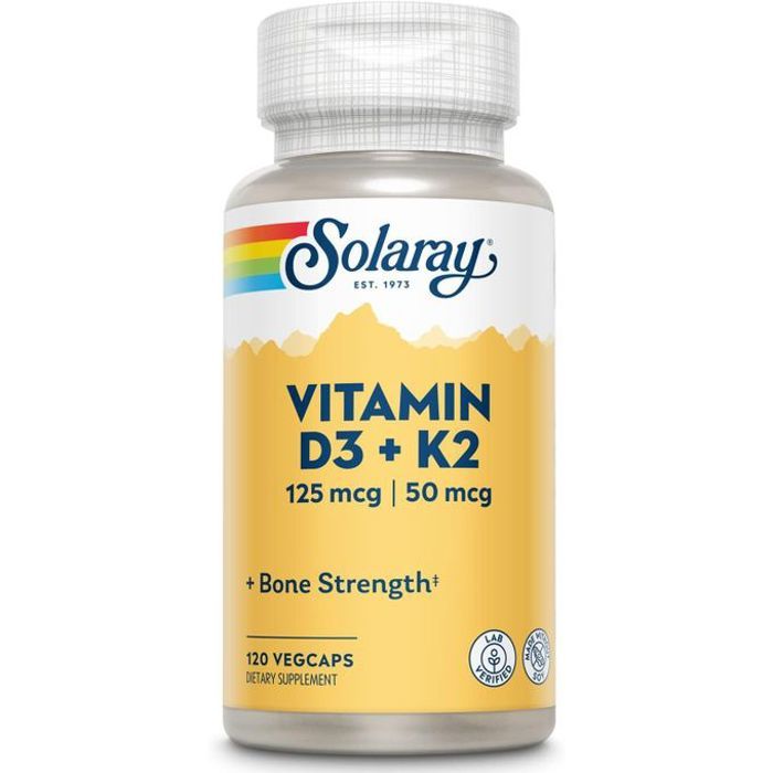 Solaray Vitamine D3 5000 UI Haute absorption et K2 sans soja 120 Capsules végétariennes