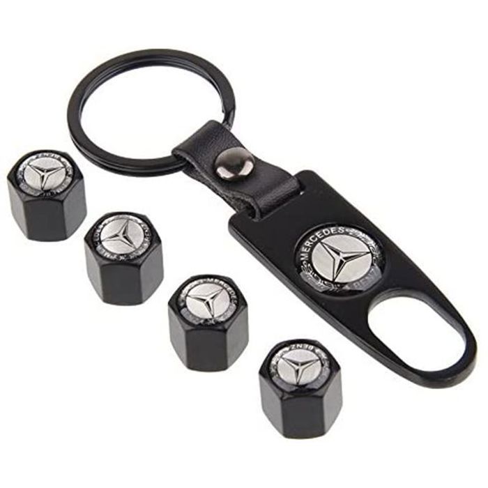 4 bouchons de tige de valve de pneu noir + porte-clés pour Mercedes-Benz