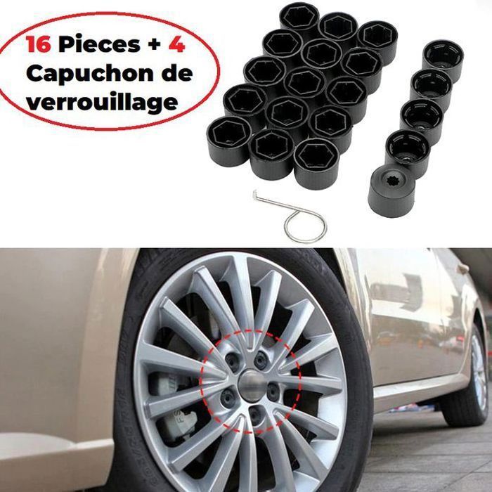 16 cache-boulons d'écrou de roue + 4 cache-boulons de type verrouillable pour VW Volkswagen