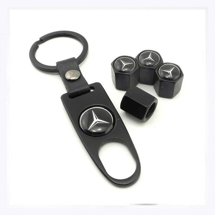 4 bouchons de tige de valve de pneu noir + porte-clés pour Mercedes-Benz