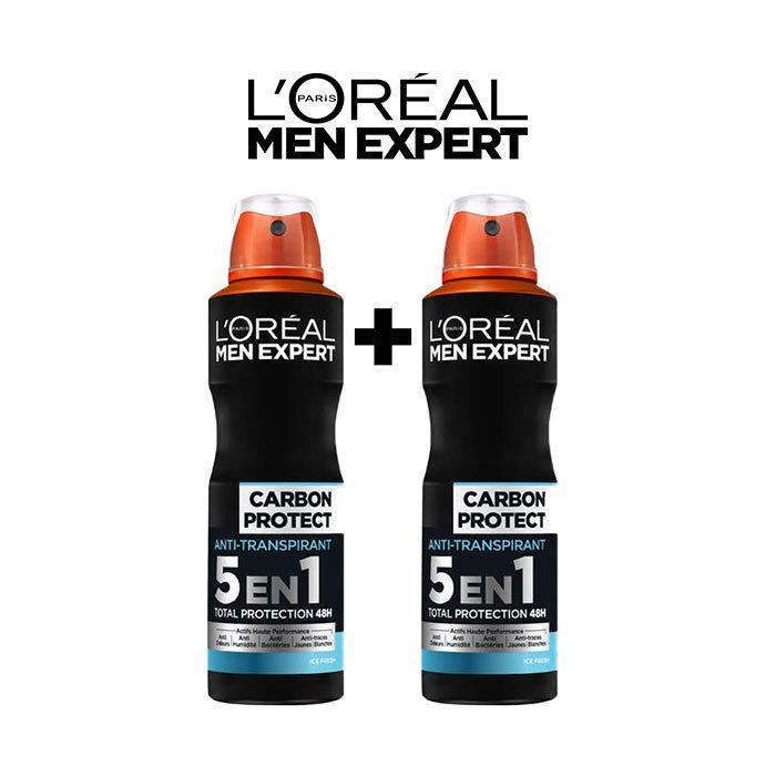 Lot X 2 DÉODORANT SPRAY POUR HOMME – CARBON PROTECT ANTI-TRANSPIRANT ICE FRESH 5 EN 1 – 200 ML