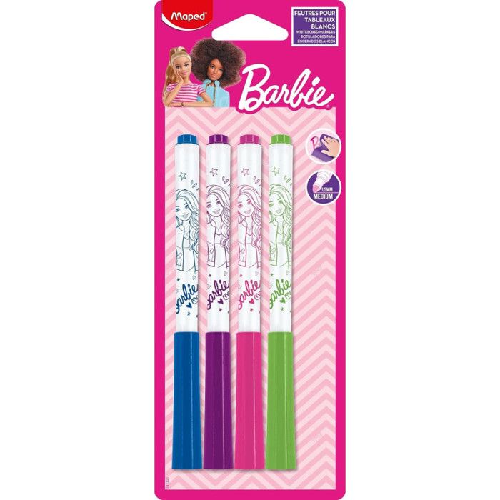 Maped - 4 Feutres Effaçables à Sec Barbie pour Ardoises et Tableaux Blancs - Bleu, Violet, Rose, Vert