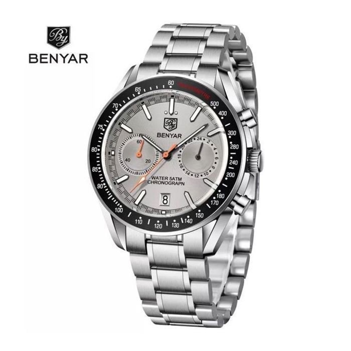 BENYAR BY-5194C – Montre Chronographe de luxe pour hommes avec bracelet en acier inoxydable – Gris