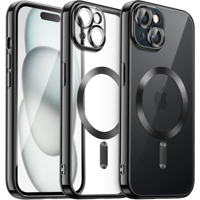 Pochette pour IPhone 15 plus transparent MagSaf anti-collision -noir