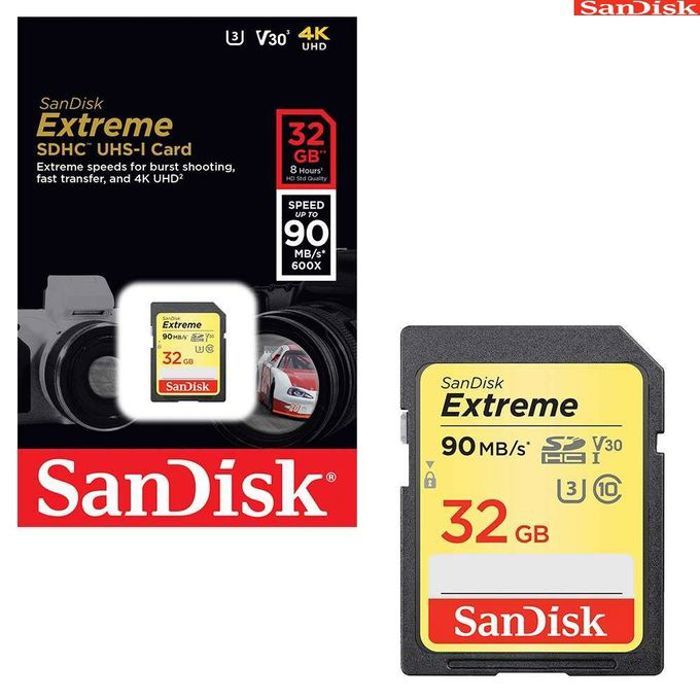 Sandisk Carte Memoire Extreme 32Gb SDHC Uhs vitesse 90 Mo/s,V30, U3 4Kuhd