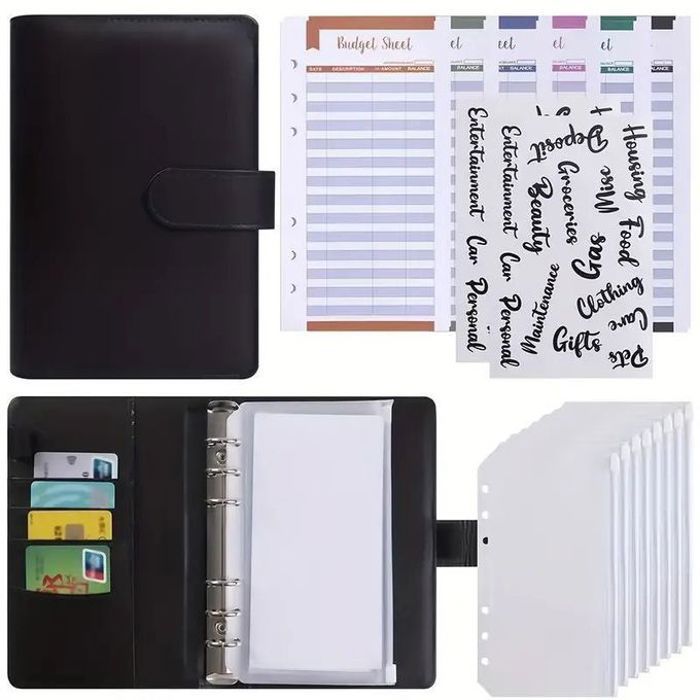Organisateur Budget Noir Classeur A6 Avec Clip 8 Pochettes Budgétaires Transparentes Enveloppe Répartition d'Argent Mensuelle