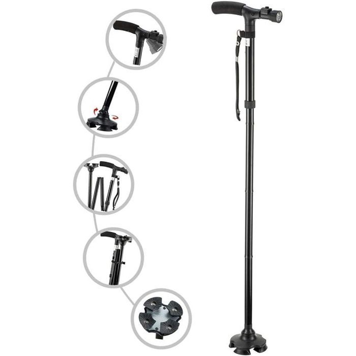 Canne Pliante Médicale avec Eclairage Réglable pour Personnes Agées Poignée en T et Pieds pivotants Support Marche avec Torche LED