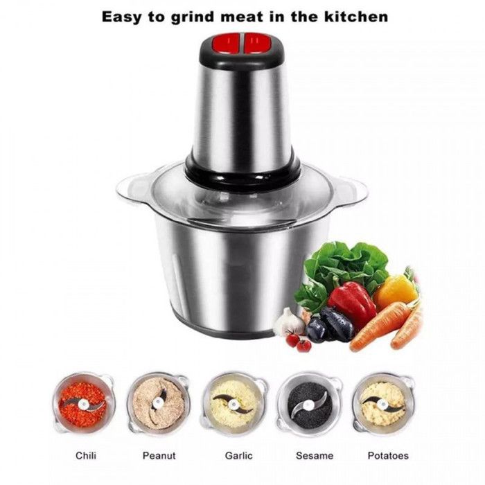 Cooking Hachoir électrique 2 bols Inox et Verre + 5 Lames et batteur et spatule multifonction