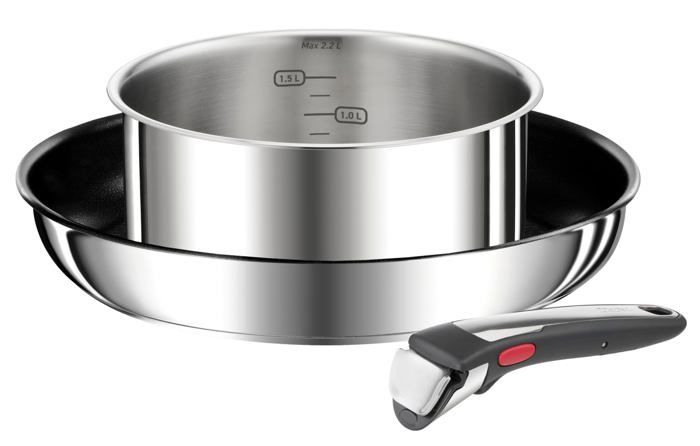 TEFAL - Batterie de cuisine Inox Ingenio 3pcs préférence L9748802 (Cass nr 18cm + Poêle revêtue 26cm + Poignée amovible premium)