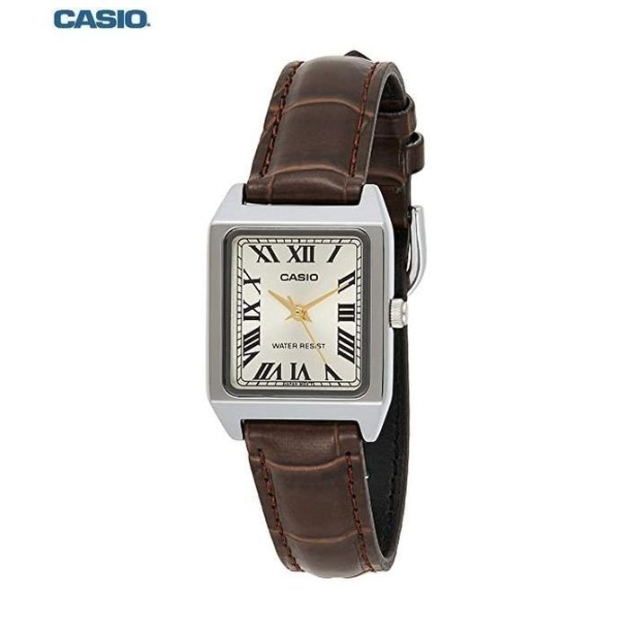 Casio LTP-V007L-9BUDF – Montre Femme Rectangulaire avec Bracelet en Cuir – Cadran Doré Chiffres Romains