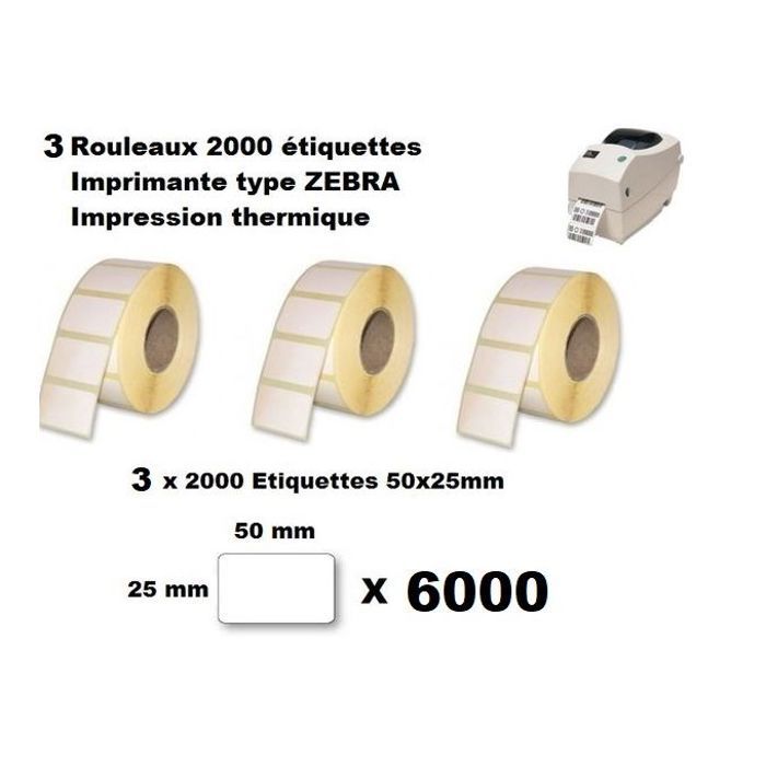 3 Rouleaux 3 x 2000 étiquette thermique Imprimantes ZEBRA - VÉLIN 50 mm X 25 mm