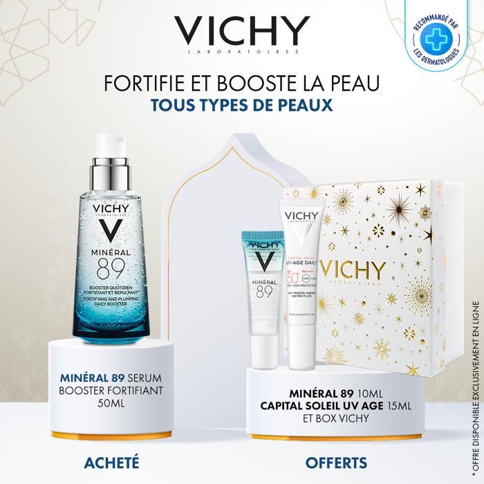 Vichy Minéral 89 Sérum Fortifiant Tous Types de Peaux | 50ml = Trousse + Mineral 89 10ml + uv age 15ml