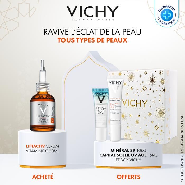 Vichy LIFTACTIV SUPREME VITAMIN C SERUM | Tous types de peaux | 20ml = Trousse + Mineral 89 10ml + uv age 15ml